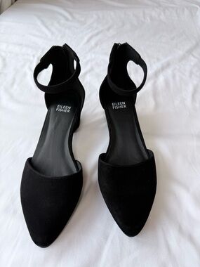 Eileen Fisher Black Suede Pointed-Toe Ankle-Strap Heels